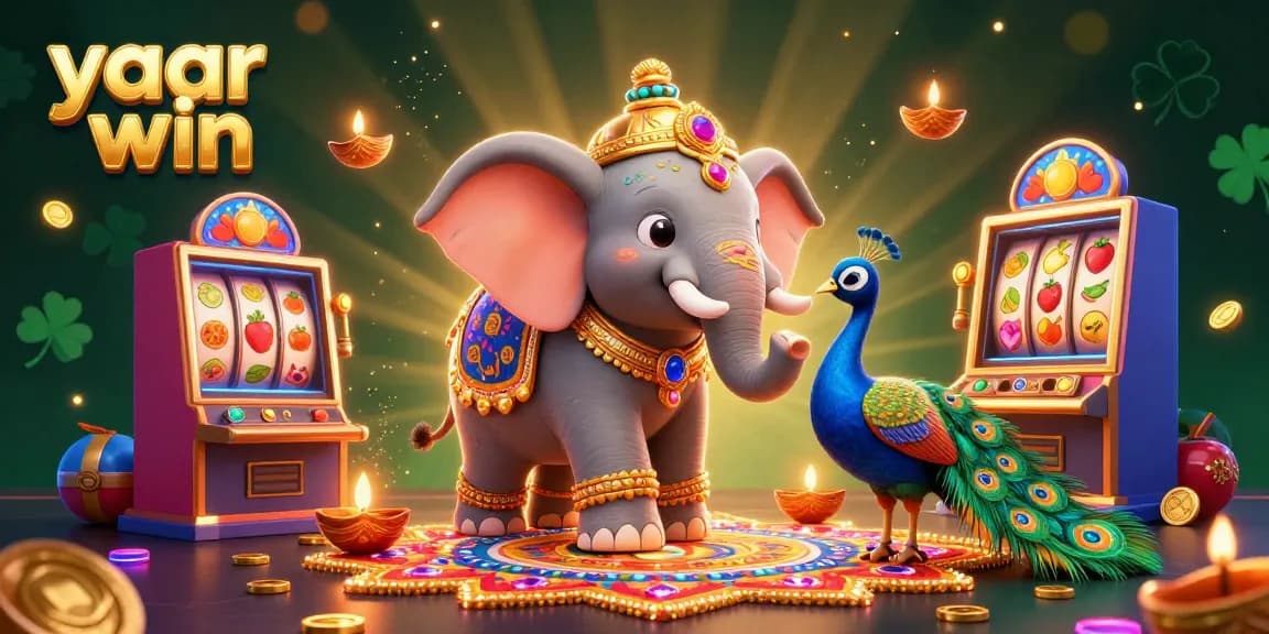Experience winning thrills with yaar win at this vibrant 3D casino scene featuring colorful slot machines and festive characters.