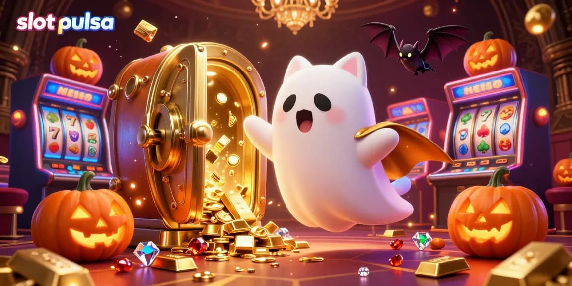 Engage with slot pulsa in a vibrant casino, featuring a friendly ghost cat, a bat, and glowing jack-o-lanterns.