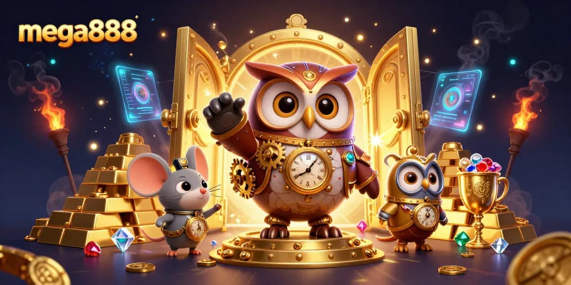 Experience mega888 with a time-traveling owl and clockwork mouse amid a vibrant casino atmosphere.
