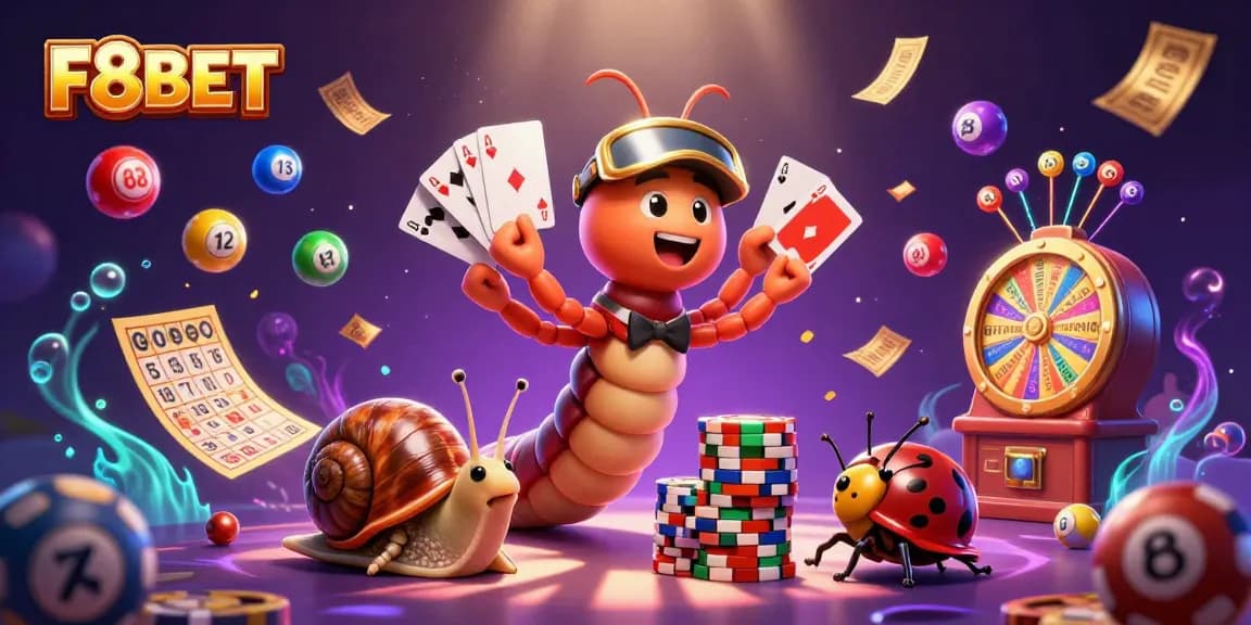 F8BET showcases an exciting casino scene with a millipede dealer, high-roller snail, and vibrant gaming elements.