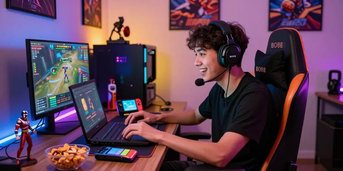 Engaged gamer playing Bo88 game bài đổi thưởng in a vibrant gaming setup.