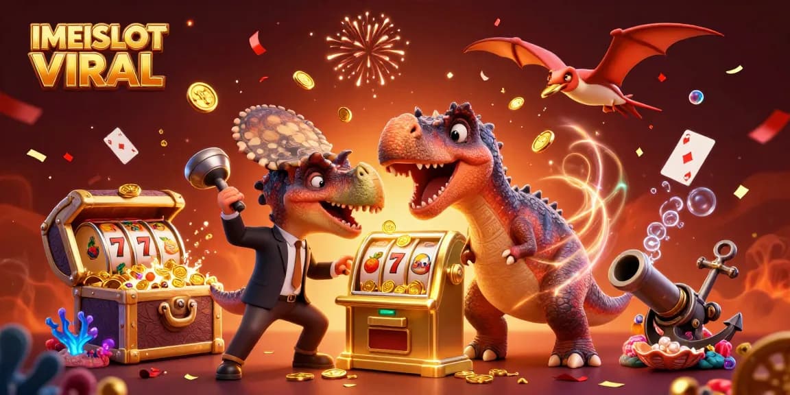 Catch the excitement with IMEISLOT VIRAL as the playful characters interact with a jackpot slot machine.