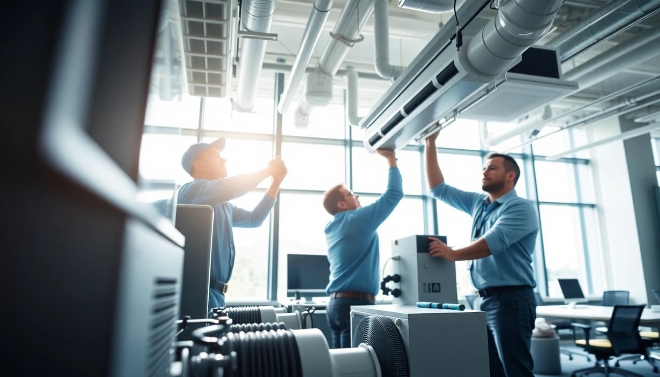 Installing commercial HVAC systems in a modern office environment, showcasing professionals at work.