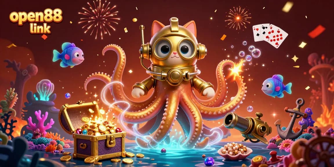 Experience the excitement of the open88 link with a 3D illustration featuring unique casino gaming elements.
