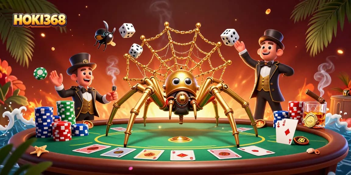 Engage in high-stakes play with HOKI368 in an ultra-detailed, vibrant casino illustration.