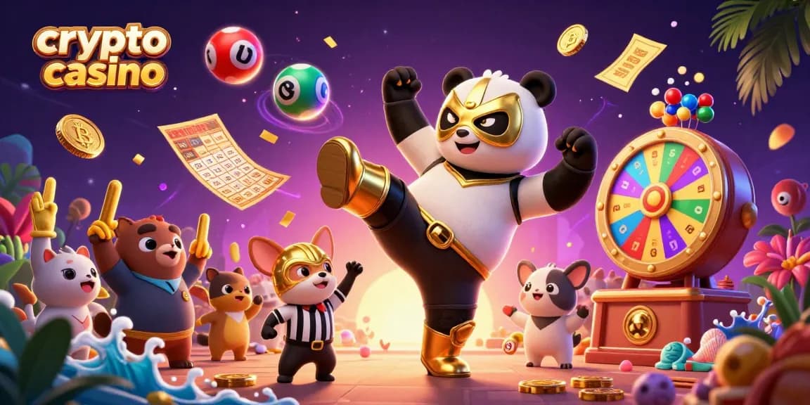 Ilustra un divertido cripto casino donde el panda lucha con monedas de Bitcoin y Ethereum volando.