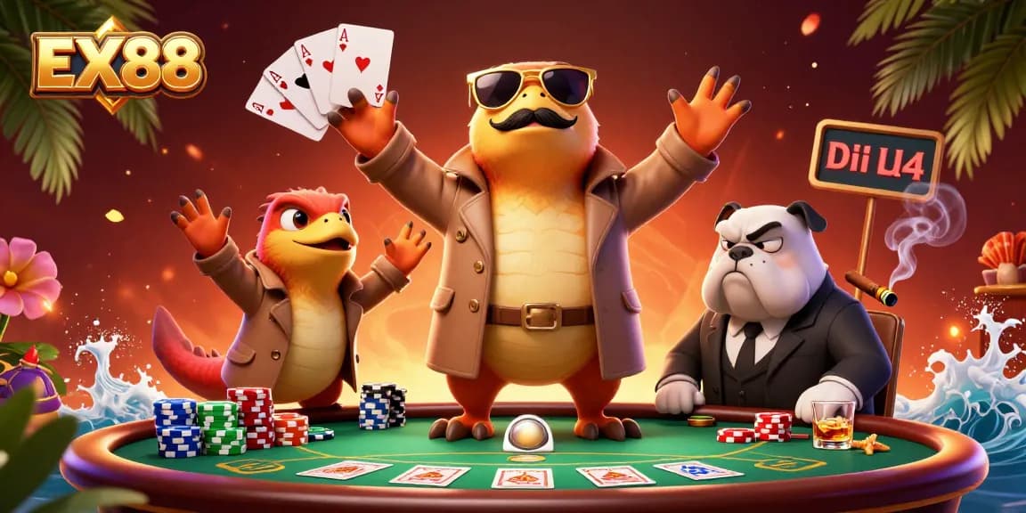 Experience thrilling poker action at EX88 with raptors entering a VIP casino lounge.