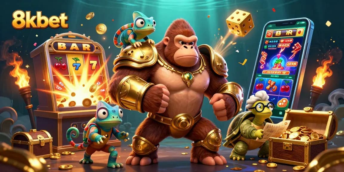 8kbet showcases an exciting casino scene with vibrant characters and dynamic casino game elements.