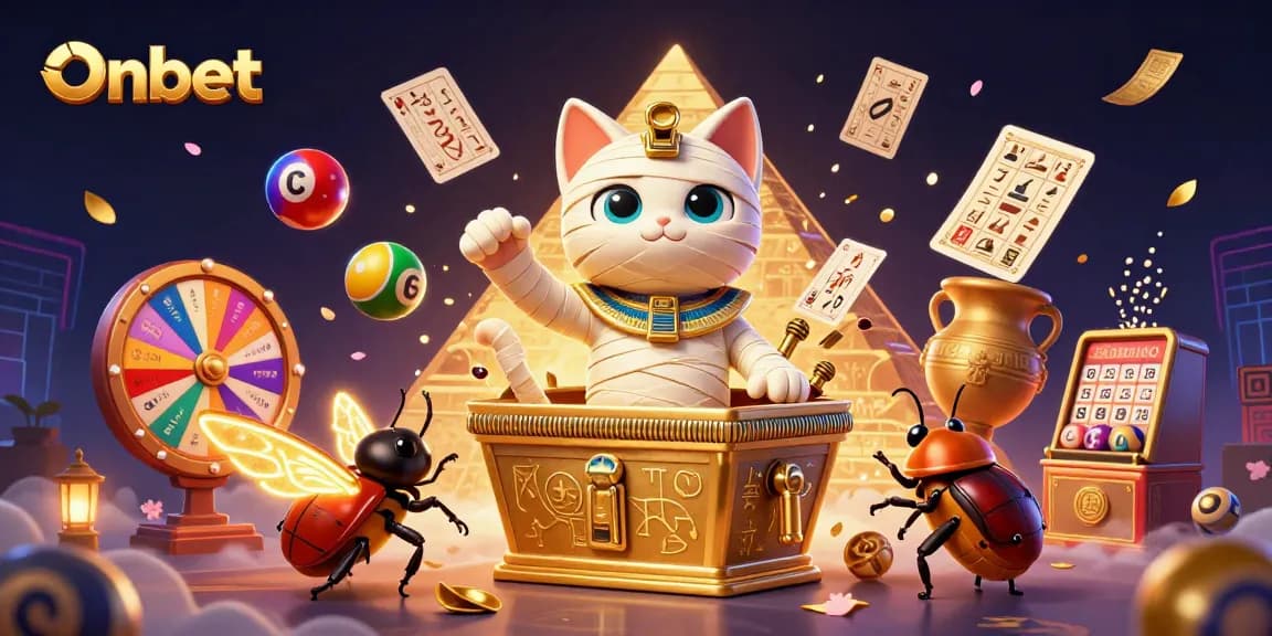 Engage with Onbet's thrilling casino experience with a vibrant Egyptian-themed 3D illustration.