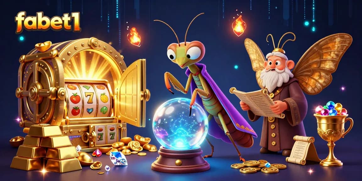 Experience the magic of fabet1 with a vibrant scene featuring a fortune teller, librarian, and casino adventure!