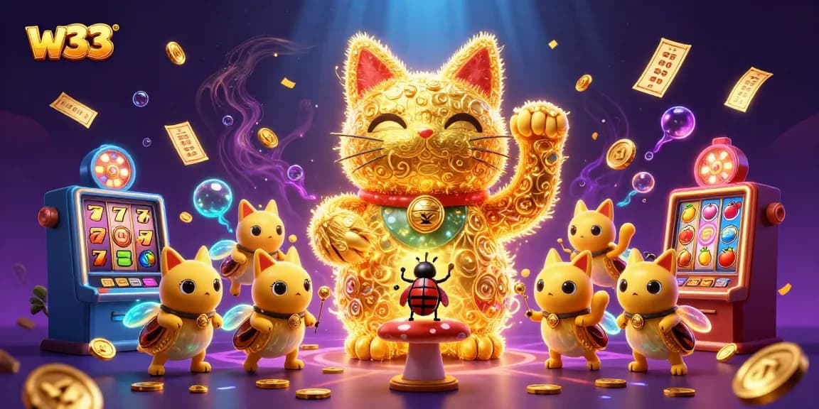 Experience thrilling w33 gameplay with golden fireflies and lucky cat amid vibrant casino symbols.