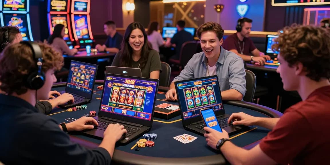 Exciting online gambling scene with players engaging in M98 สล๊อตเว็บตรง games on laptops and smartphones.