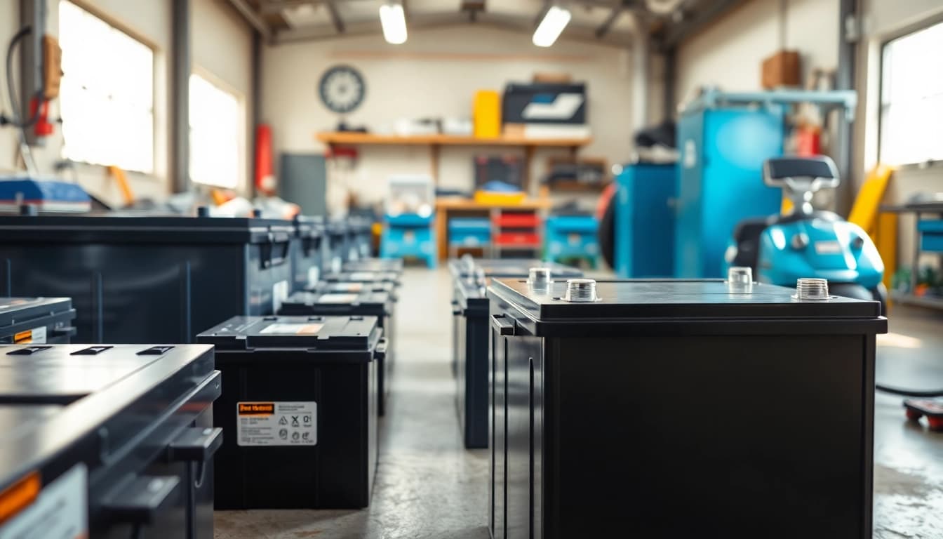 Upgrade your golf cart batteries with efficient lithium golf cart batteries showcased in a workshop.