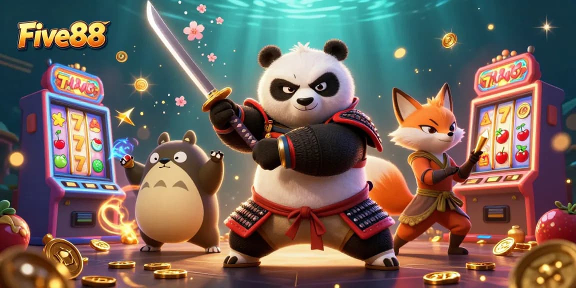 Engage with Five88's thrilling slot experience featuring dynamic characters in a vibrant casino scene.