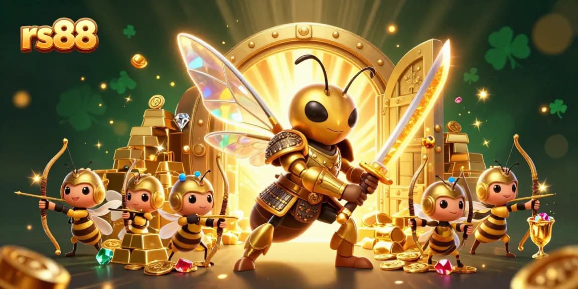 Engage in thrilling gameplay with rs88 as bee warriors guard treasure amidst gold and jewels in a vibrant casino world.