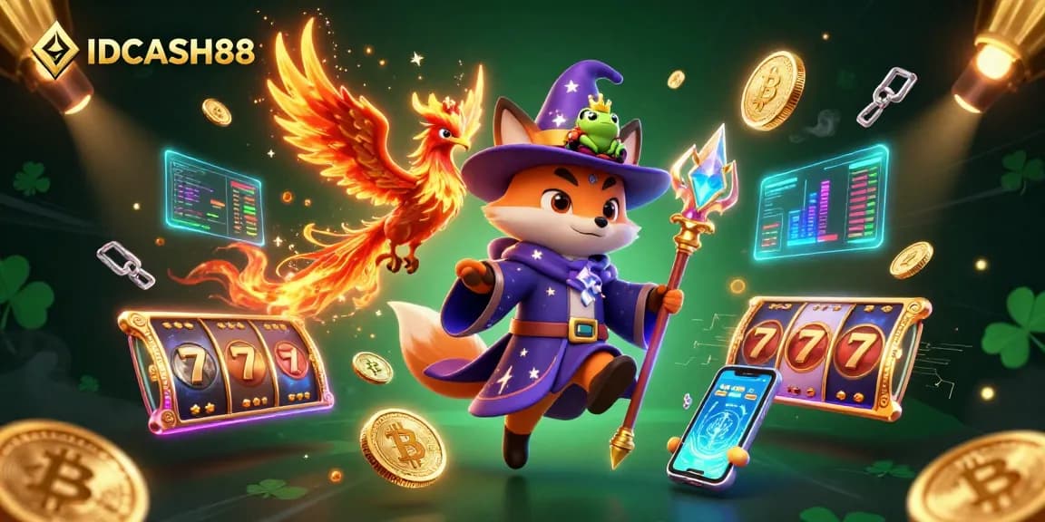 Engage with IDCASH88 through an enchanting 3D casino scene featuring a wizard fox, phoenix, and crypto elements.