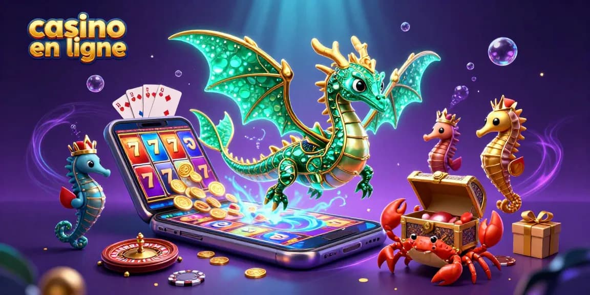 Plongez dans l'univers du casino en ligne avec un dragon marin captivant et une ambiance festive.