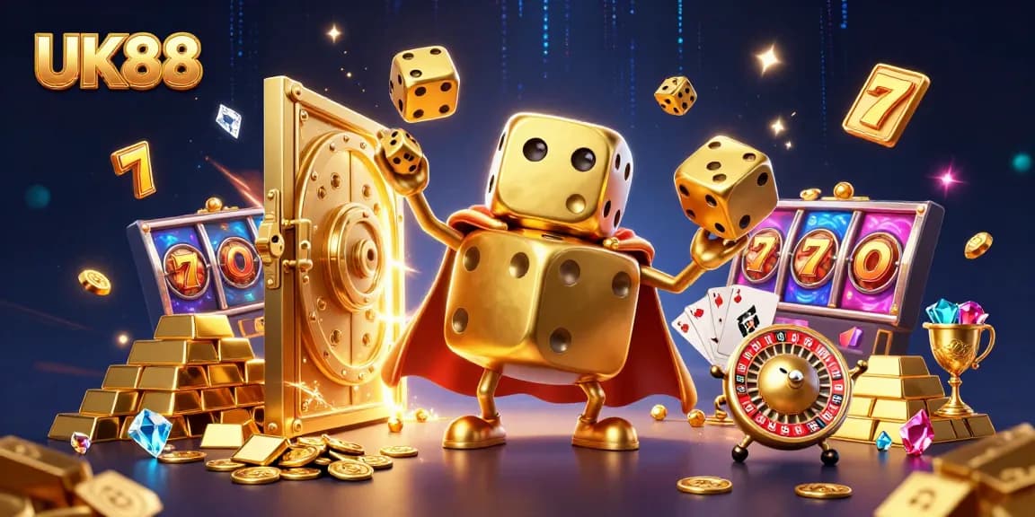Win big with UK88's vibrant casino world, featuring golden dice and treasure.