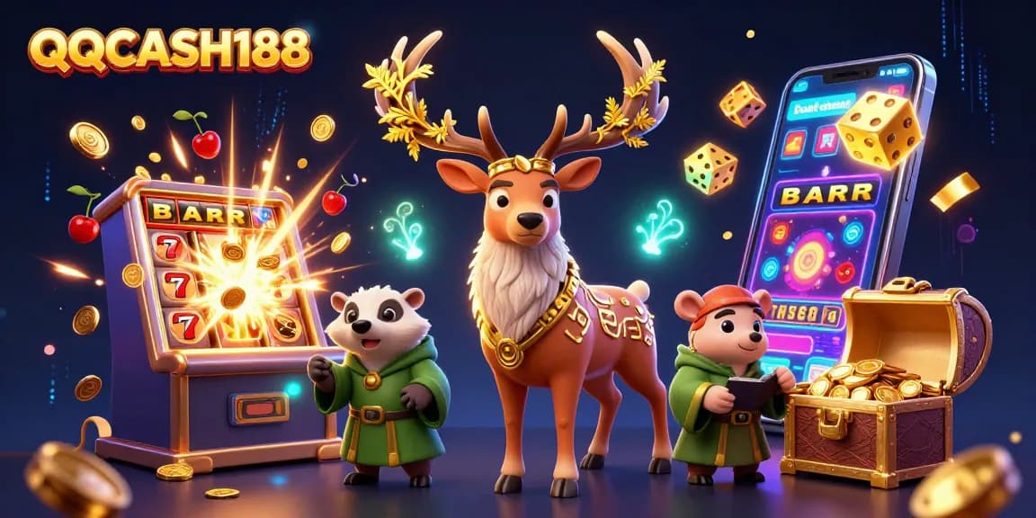 Experience thrilling gameplay at QQCASH188 with a captivating scene of rich casino elements and energetic characters.