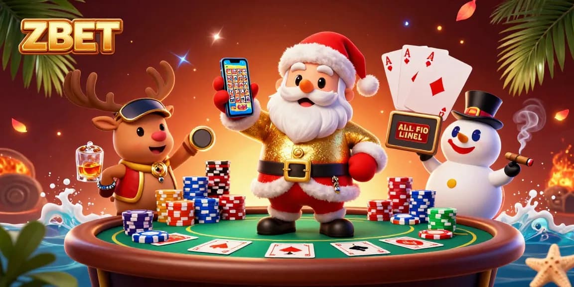 Experience the excitement of ZBET with a vibrant 3D casino scene featuring Santa, reindeer dealer, and poker elements.