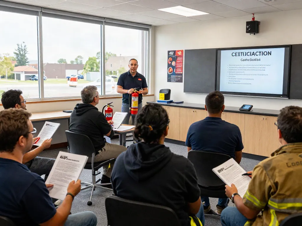 NFPA Certification Training session with diverse professionals learning fire safety protocols in a modern classroom.