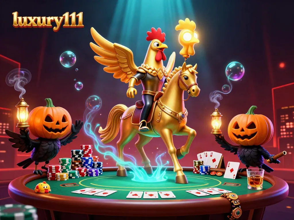 Experience the thrill of luxury111 gaming with a golden rooster and captivating casino elements.