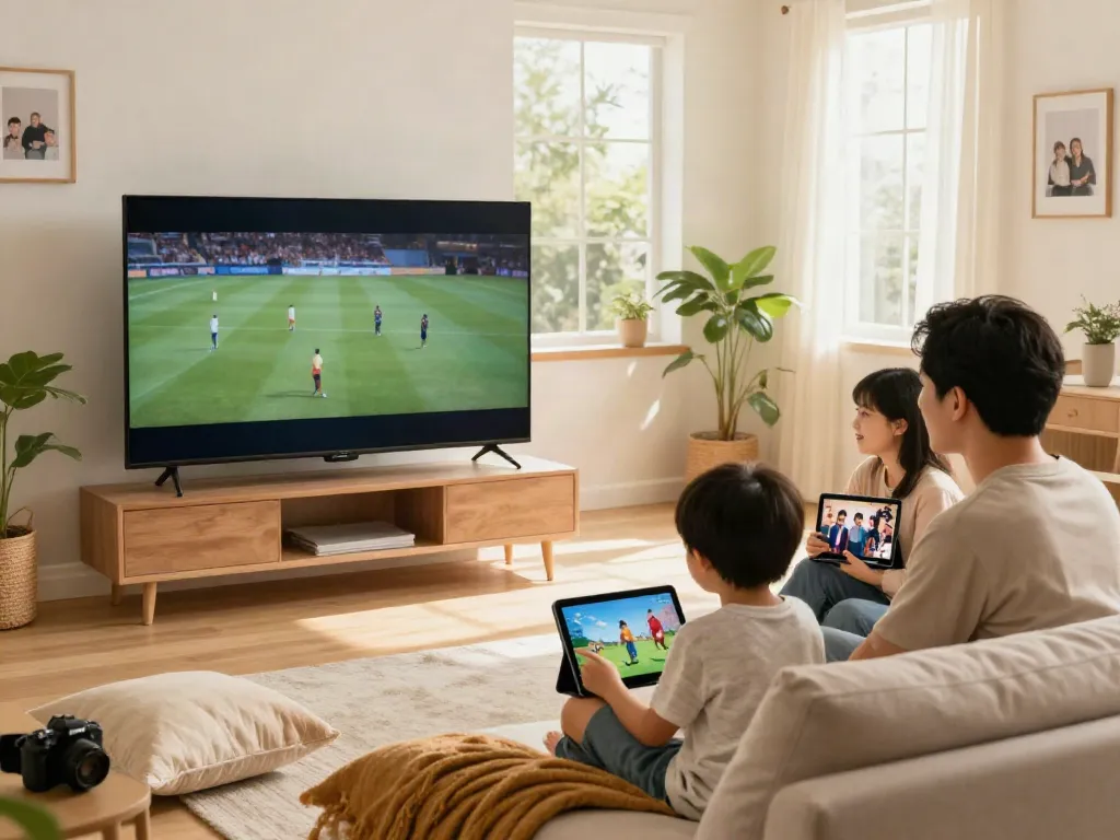 Family enjoying digitaline iptv streaming across devices in a cozy living room.