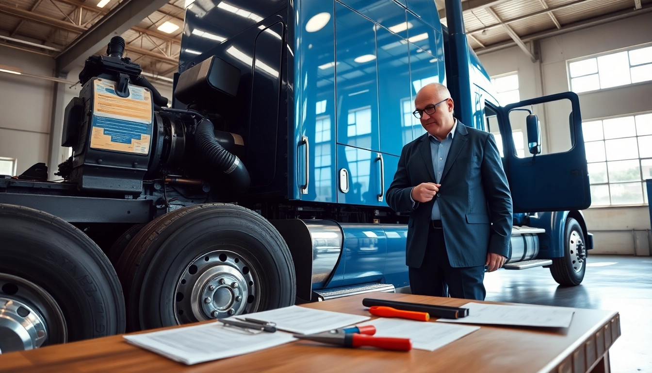 Semi Truck Appraiser meticulously assessing a large semi-truck in a professional workshop setting.