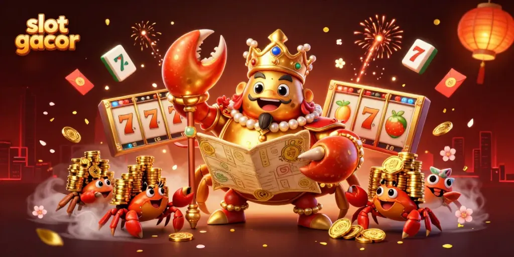 Slot gacor menampilkan kepiting emas membawa peta harta dan pelayan kepiting dengan chip emas.