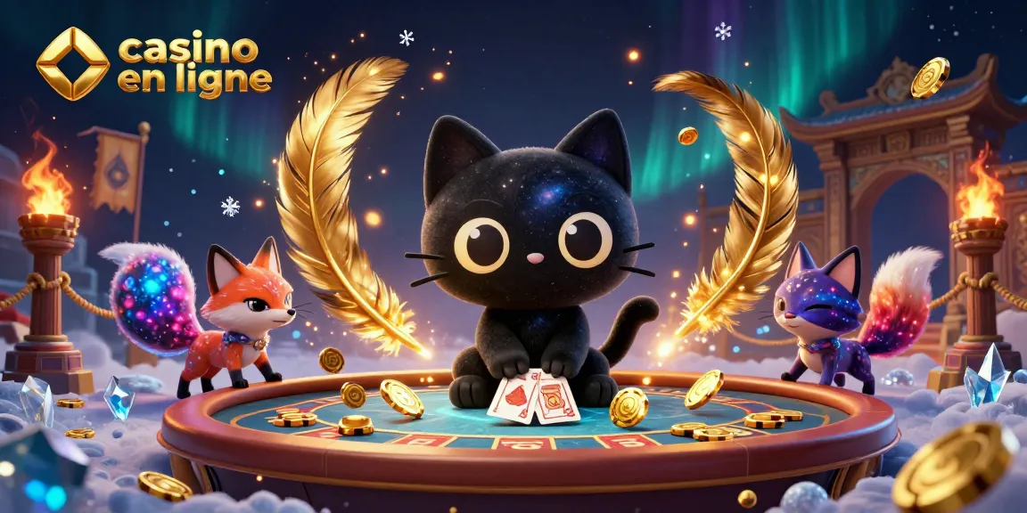 Illustration d'un casino en ligne avec un chat noir tourbillon et un renard nébuleux, attirant des jetons d'or