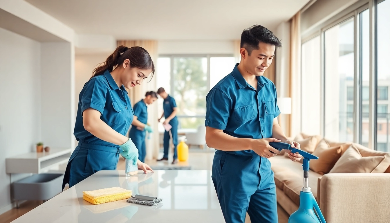 Team performing bond cleaning brisbane task in a bright, clean apartment.