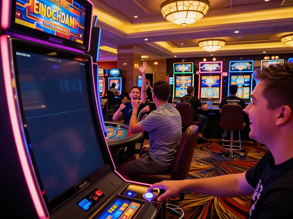 Exciting gaming experience at qqmacan slot machines in a vibrant casino.
