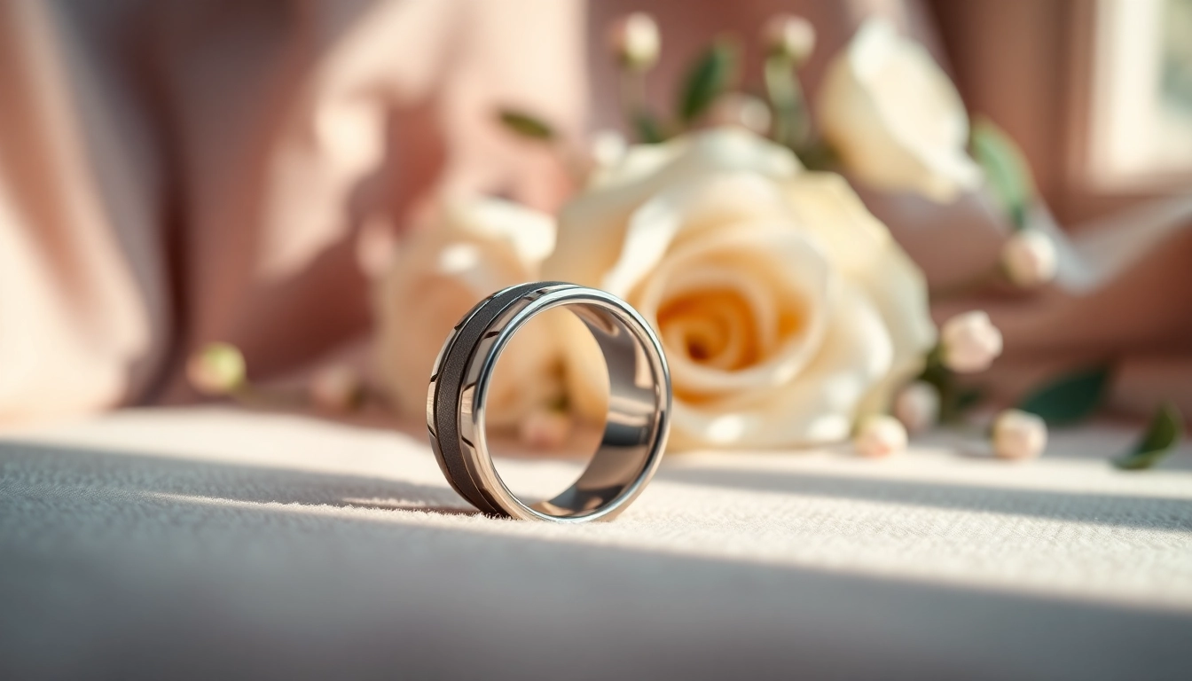 Gaboni Jewelers tungsten wedding band displayed elegantly with polished details.