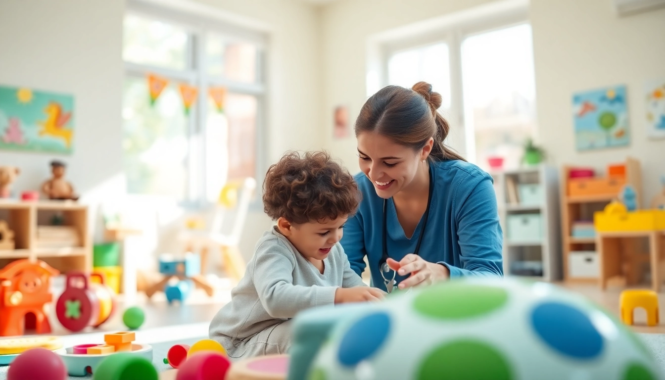 Engaging scene illustrating ABA therapy near me with a therapist and child in a bright, colorful room.