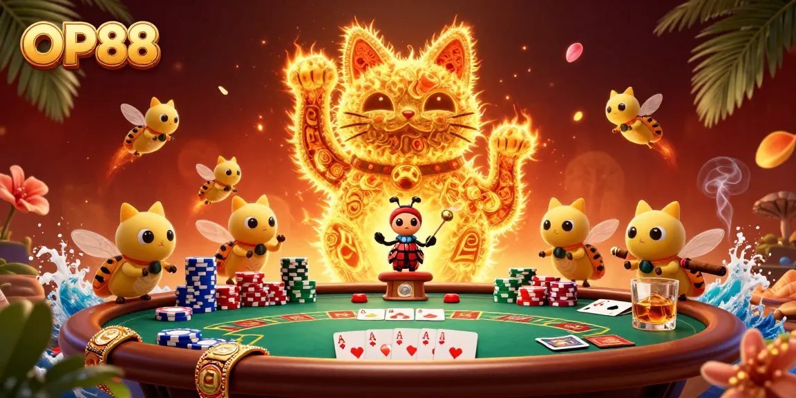 Celebrate big wins at OP88 with vibrant casino-themed illustration featuring a lucky cat.