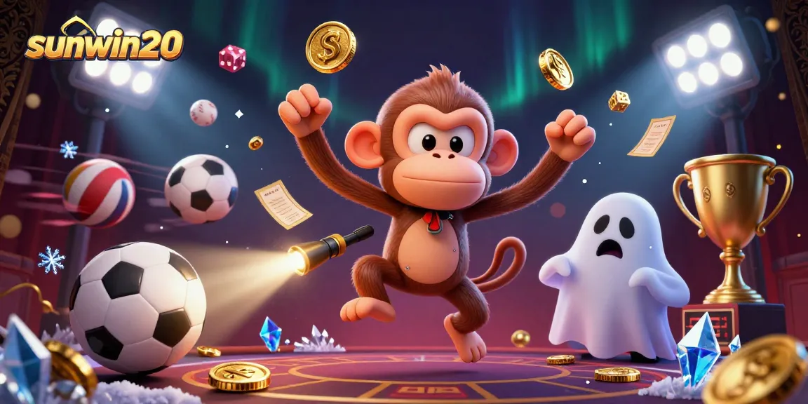 sunwin20 showcases thrilling casino vibes with a mischievous monkey and ghost-hunter puppy.