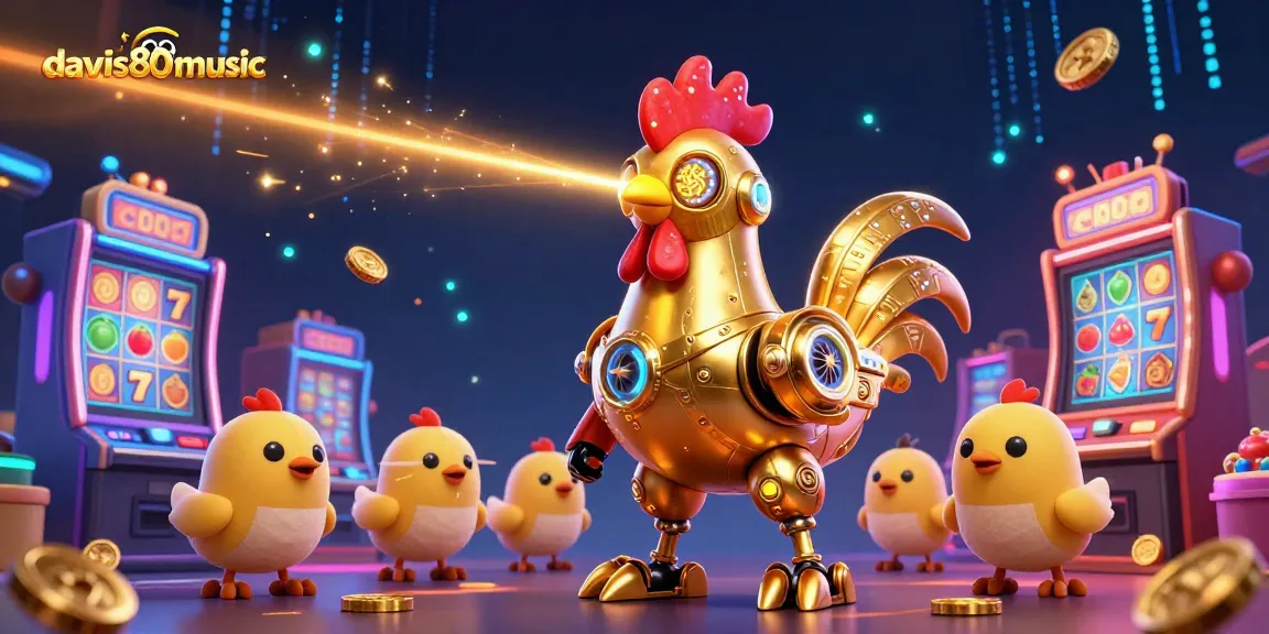 Engage in exciting gaming with davis80smusic's vibrant 3D cartoon scene featuring a golden rooster robot in action.