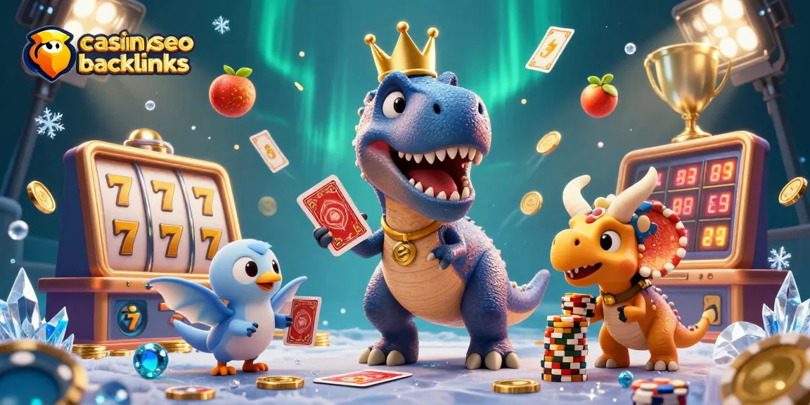 Engage with casino seo backlinks featuring a T-Rex shuffling cards with a pterodactyl while a triceratops stacks chips.