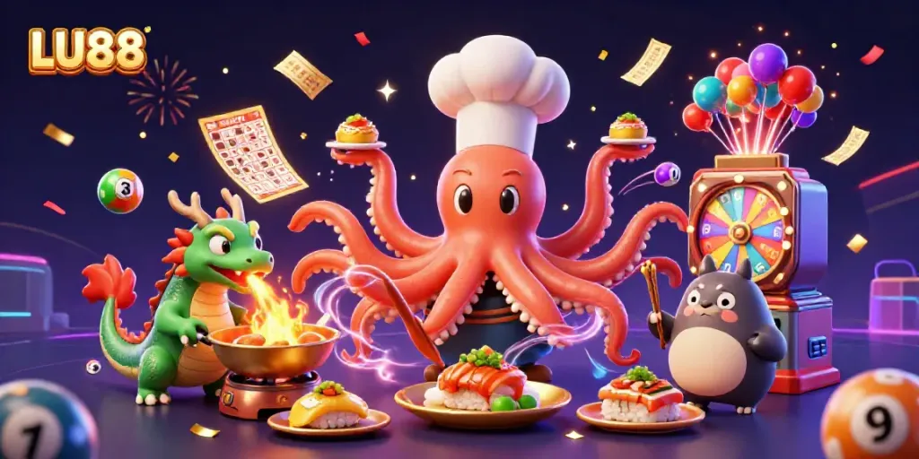 LU88 brings thrilling gaming excitement with vibrant elements and characters celebrating in a festive casino setting.