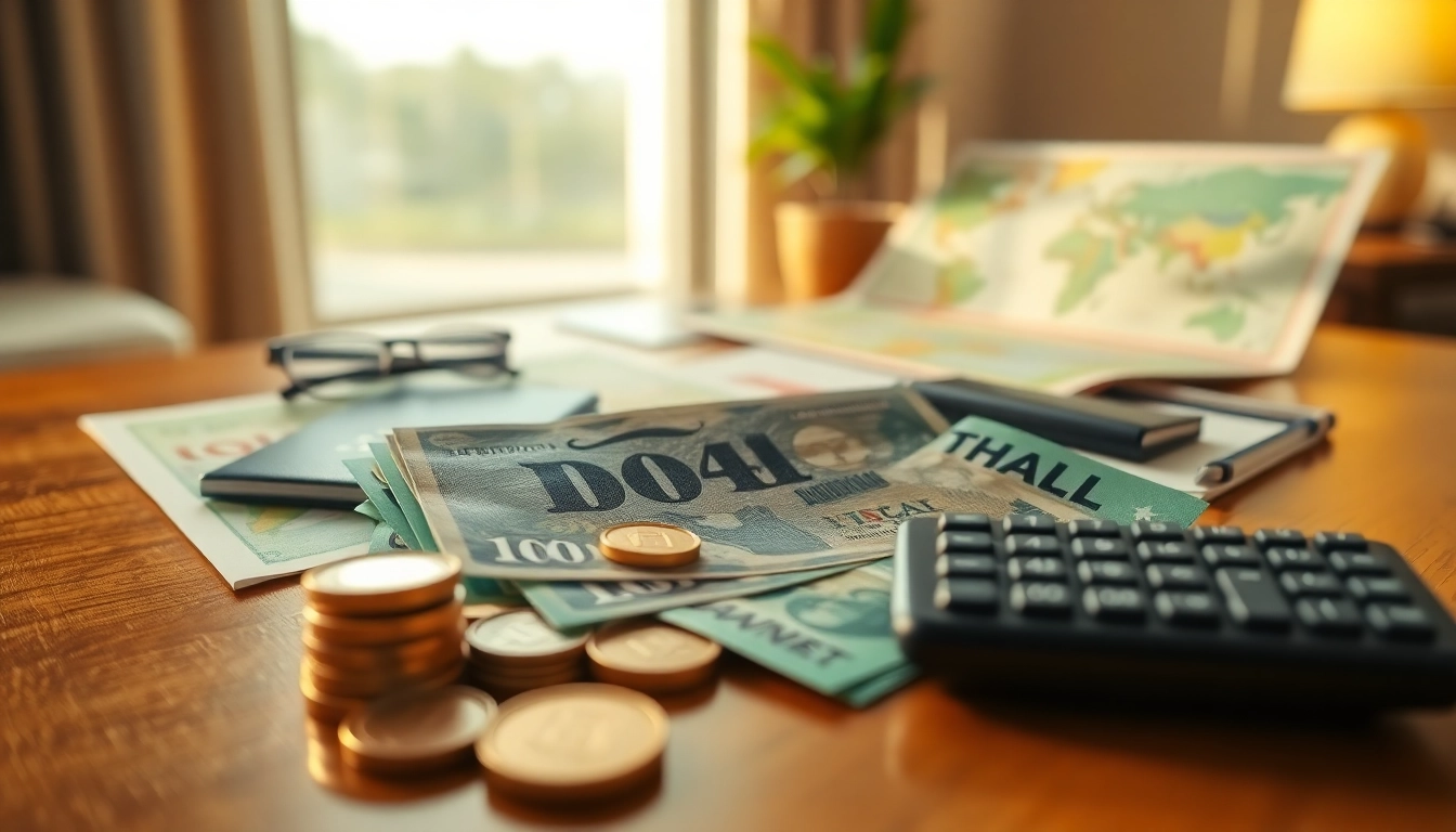 Buy Thai Baht with a detailed view of travel essentials and currency in a cozy setting.