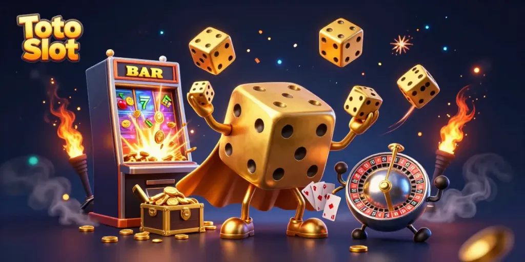 Ilustrasi 3D mendetail dari karakter dice golem emas yang bermain di dunia Toto Slot dengan mesin slot berkilauan di latar belakang.