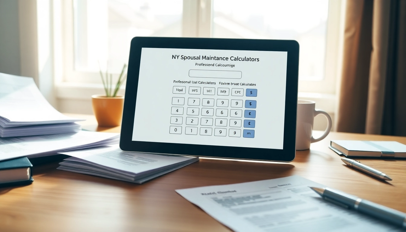 Calculate with NY spousal maintence calculators on a digital device surrounded by paperwork.