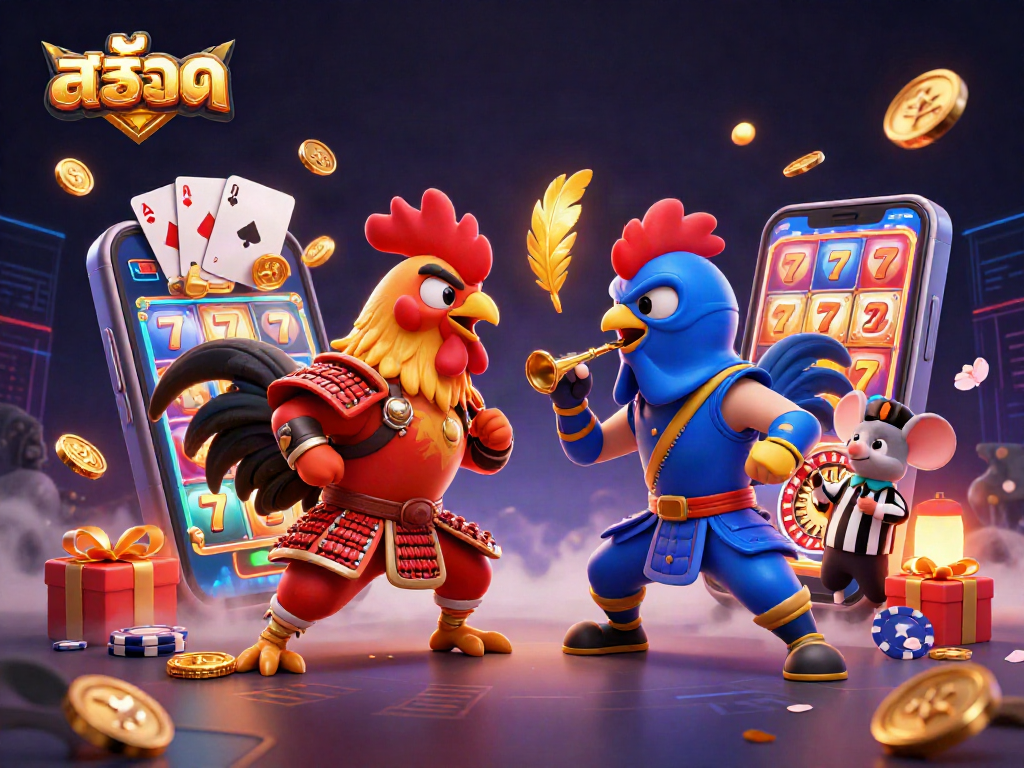 Engage in สล็อต action as twin roosters in samurai and ninja styles face-off amidst casino elements.