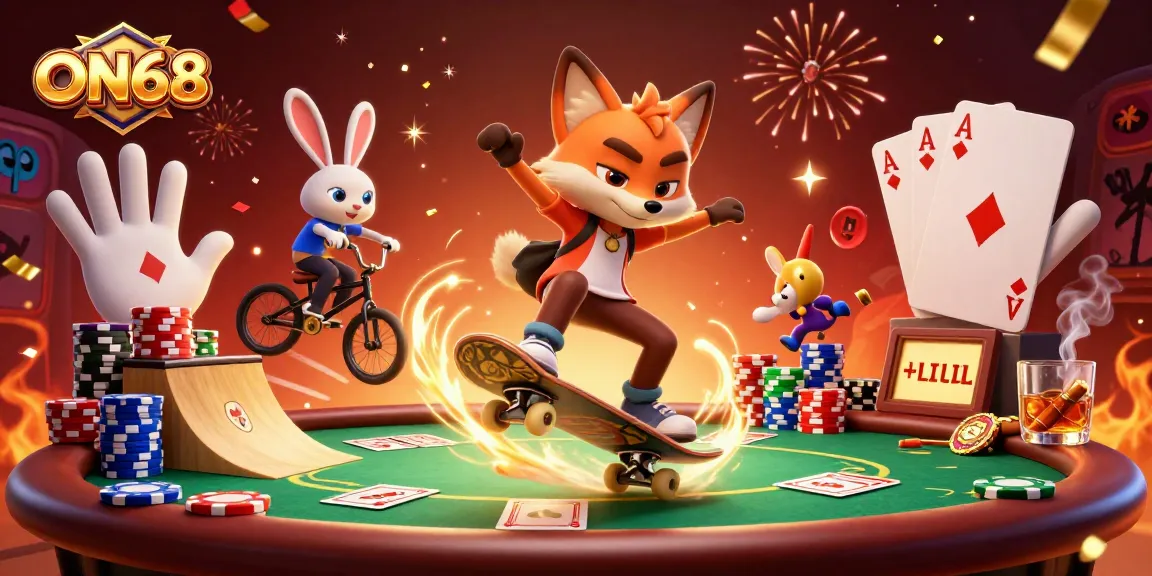 Experience thrilling gaming at ON68 with a skateboarder fox and BMX rabbit in a vibrant casino scene.