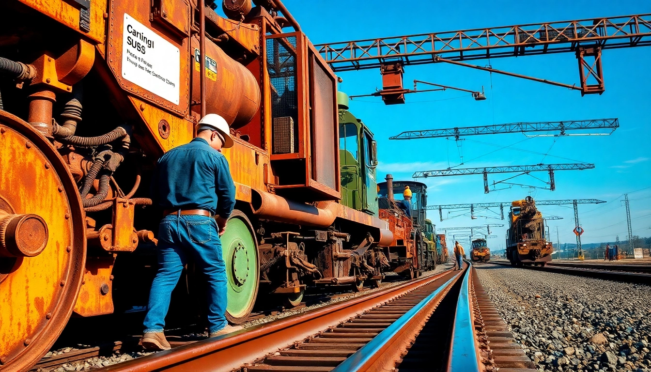 Railroad Contractors collaborating diligently on a track-laying project using heavy machinery.