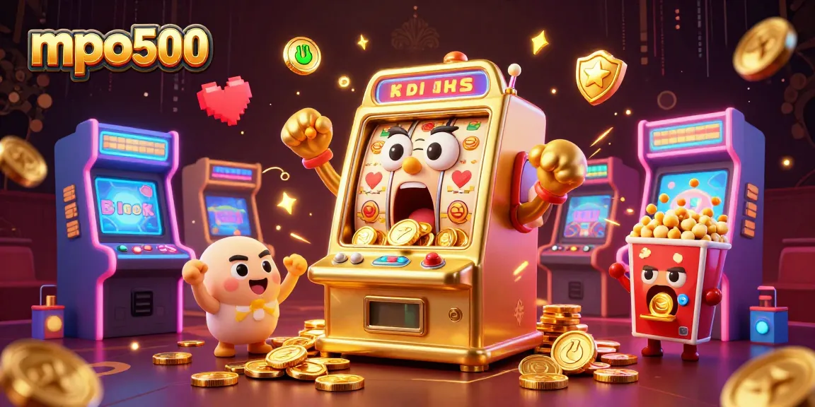 Experience mpo500 winning with a golden slot machine hitting the jackpot amidst dynamic casino elements.