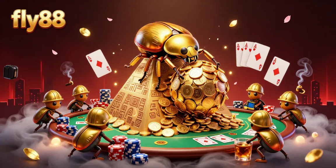 fly88 showcases a golden beetle character rolling coins in a vibrant casino scene.