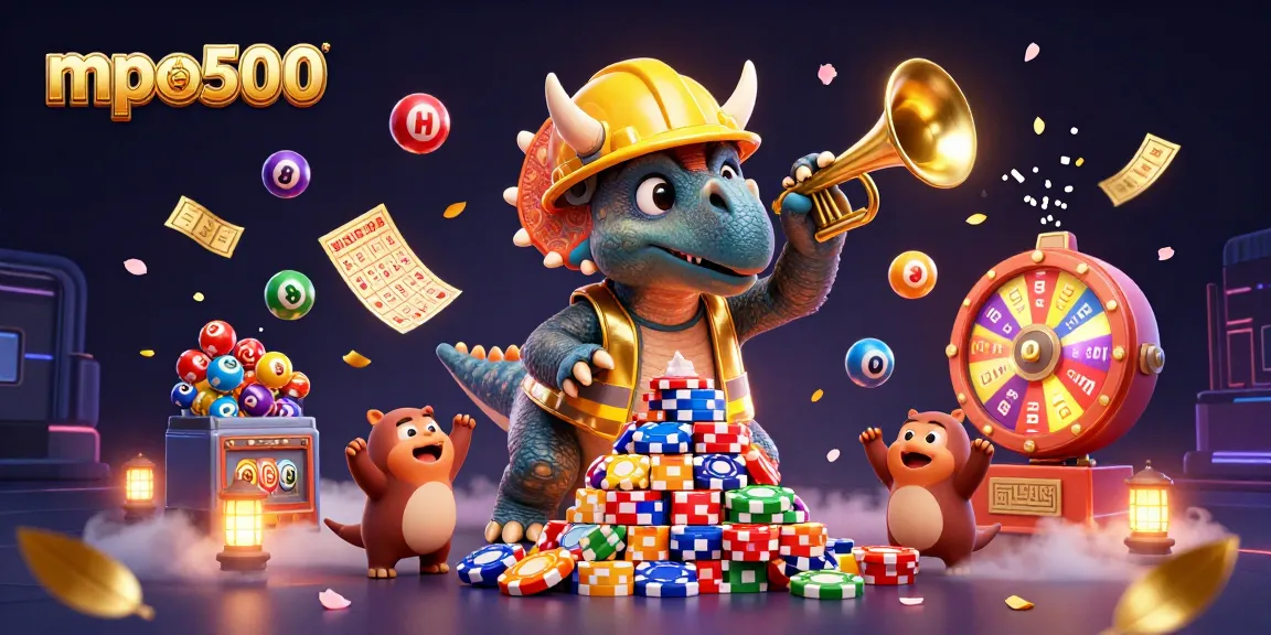 Play exciting games with mpo500 in a vibrant, dynamic casino-themed digital illustration.