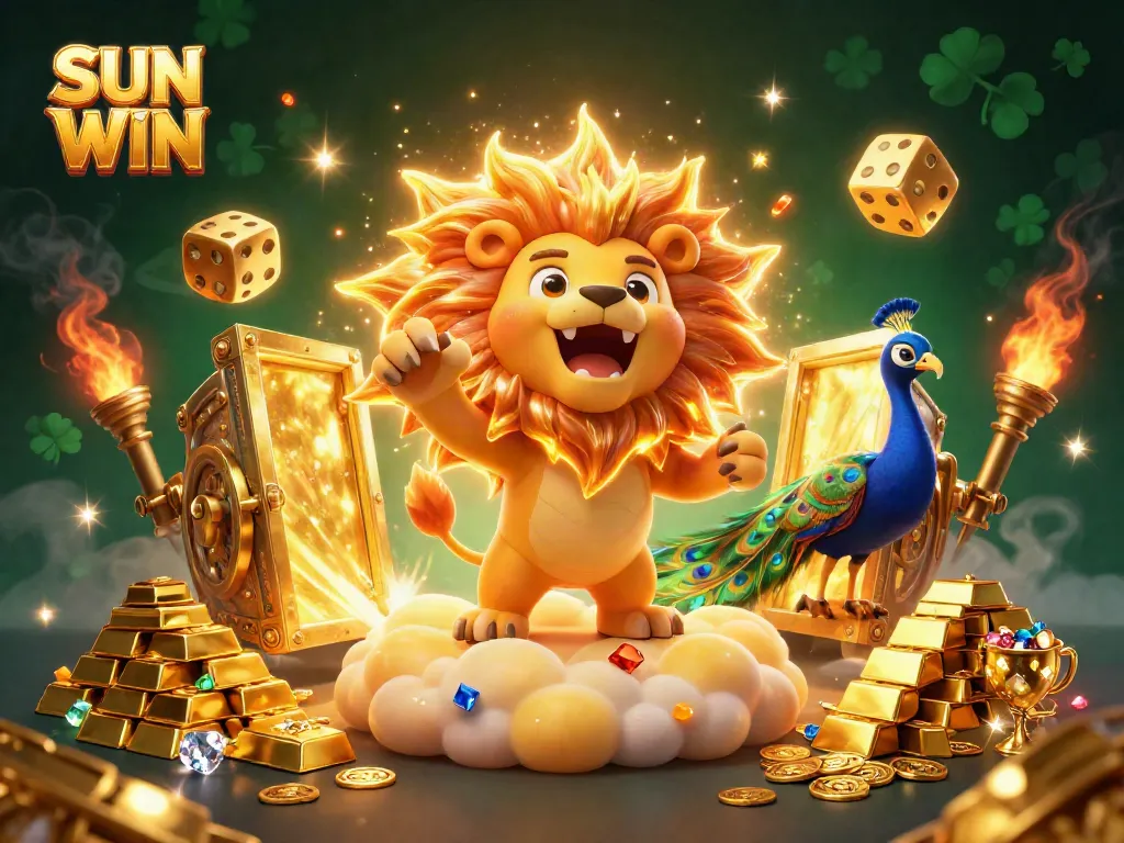 Experience the thrill of SUN WIN with golden treasures, vibrant colors, and exciting casino elements.