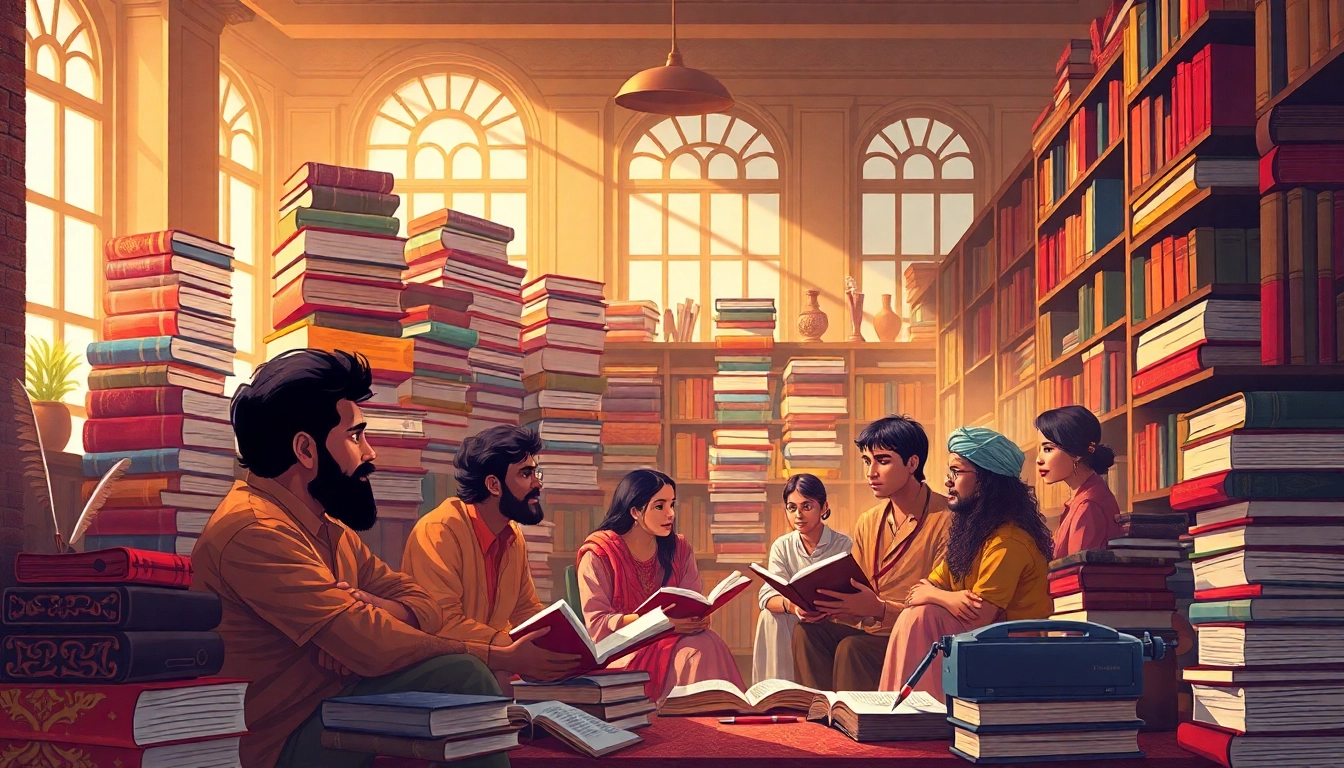 Capture the spirit of indian contemporary literature through a lively gathering of writers and readers in a cozy library.